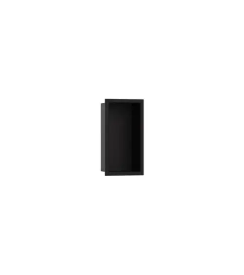 Schwarze Wandnische von Hansgrohe, rechteckige Form ohne Verzierung, eingelassen in eine Wand, mit einem minimalistischen Design.